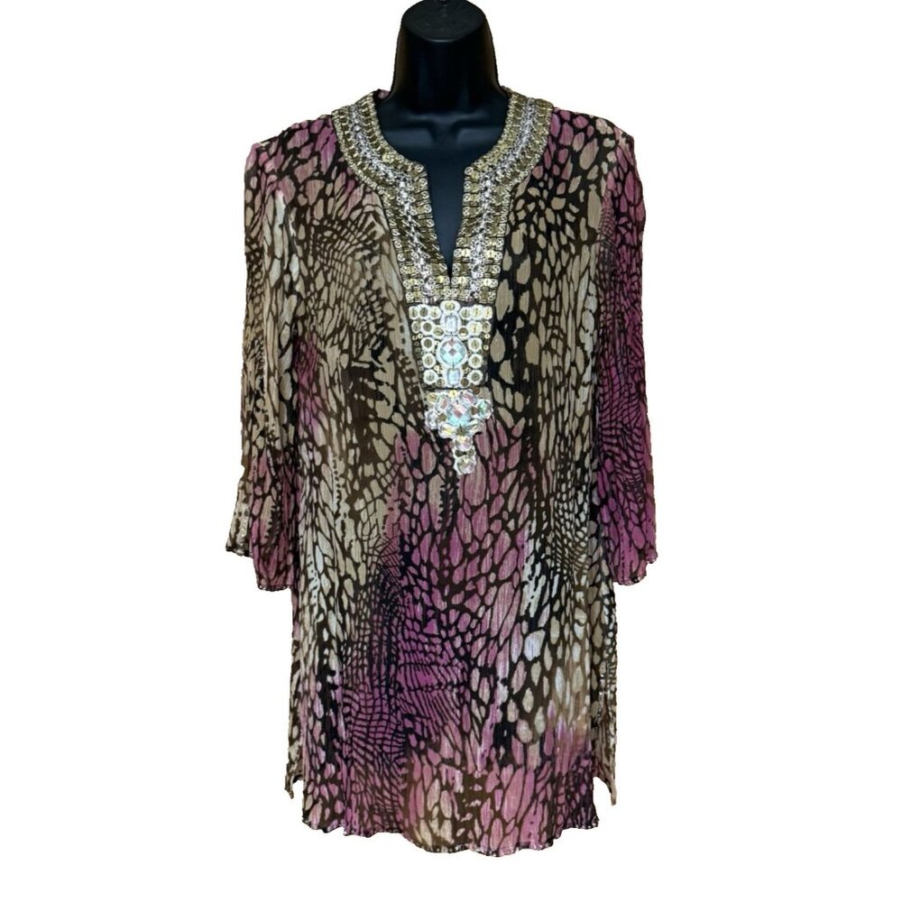 Chico's Size 1 US M 100% Silk Embellished Beaded Tunic Blouse Brown & Pink